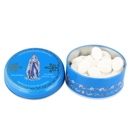 Pastiglie con acqua di Lourdes, scatola di metallo da 100g