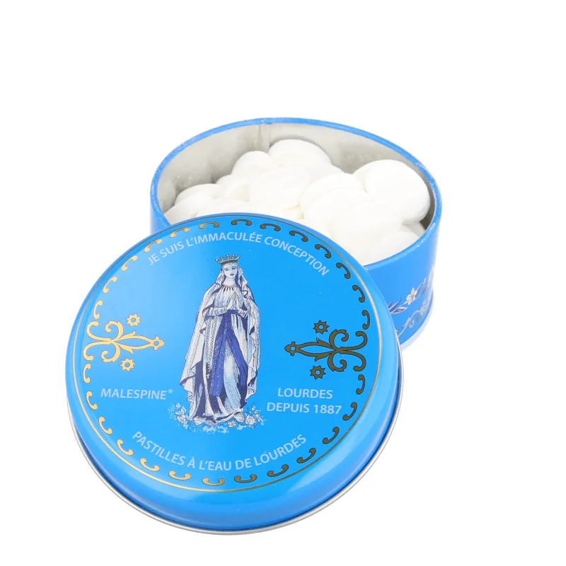 Pastiglie con acqua di Lourdes, scatola di metallo da 100g