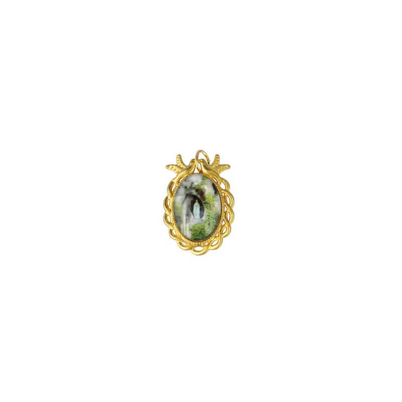 Golden pendant of Our Lady of Lourdes with prayer