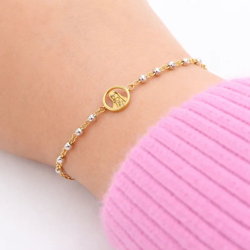 Bracciale con grani della Vergine in oro e acciaio