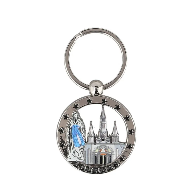 Round Keyring featuring Our Lady of Lourdes and the Basilica