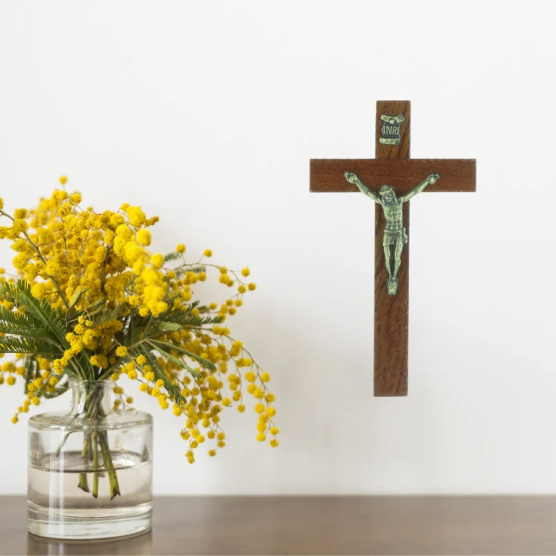 Dark wood and silvery Christ crucifix 10.5 cm