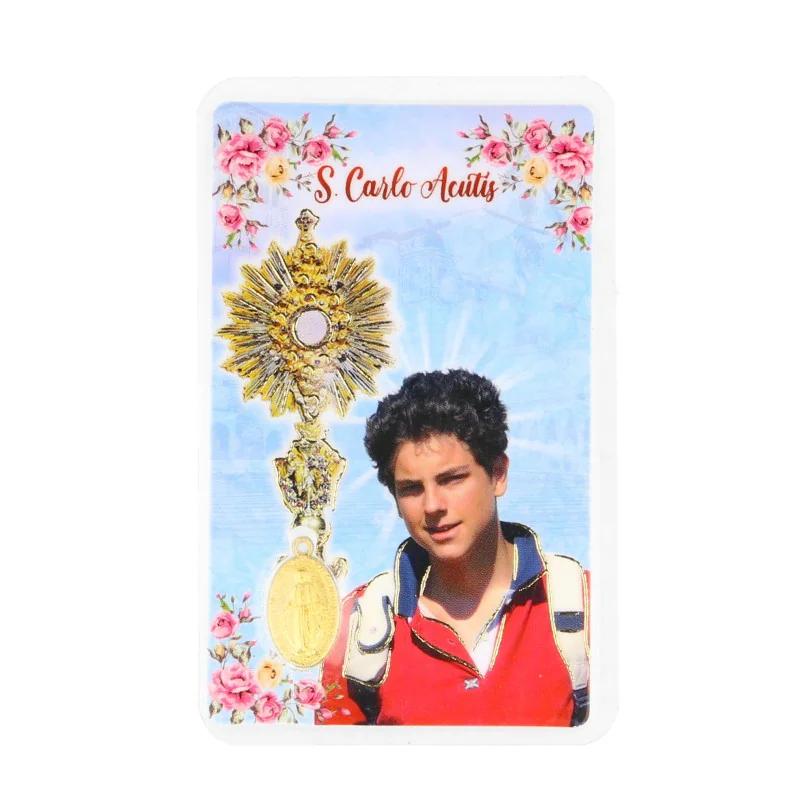Immagine religiosa del Santo Carlo Acutis con medaglia dorata plastificata
