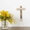 Cross of Christ in bronze and wood on mirror background 12cm