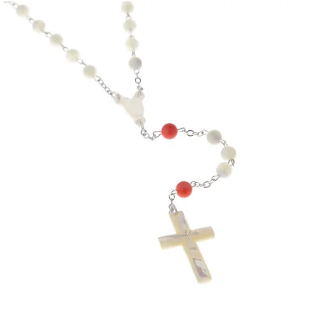 Chapelet en nacre avec paters corail rose et croix en nacre