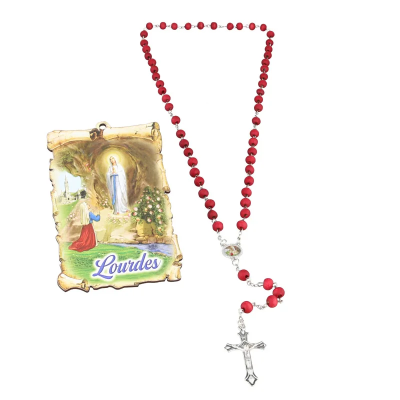 Rosario profumato alla rosa con un quadro dell'apparizione di Lourdes 7x10 cm