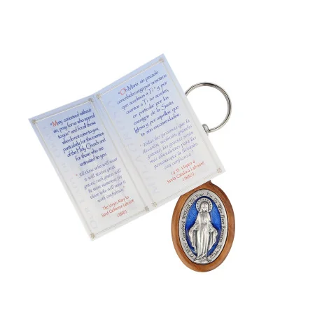 Blue Miraculous Medal Olive Wood Keychain