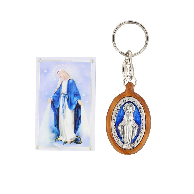 Porte-clés Médaille Miraculeuse bleue en bois d'olivier