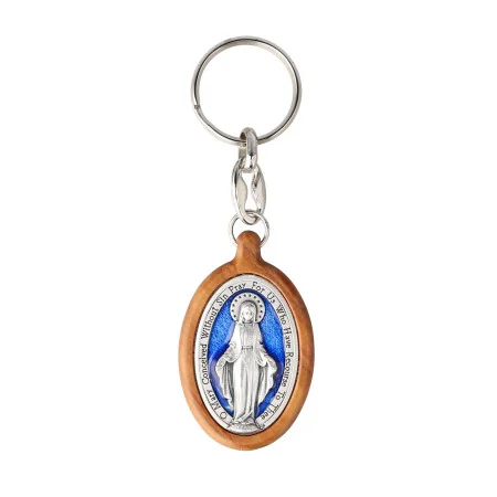 Blue Miraculous Medal Olive Wood Keychain