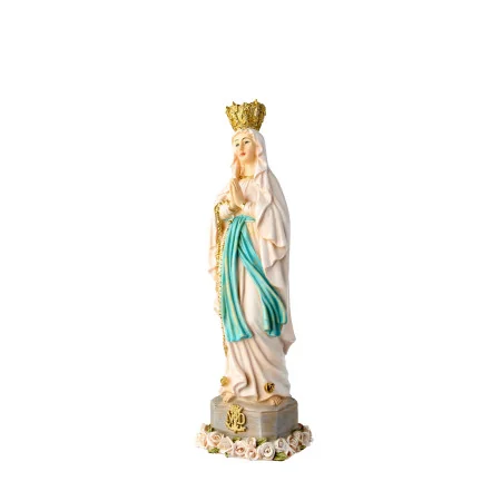 Statue de la Vierge couronnée de Lourdes en couleur avec fleurs 22cm