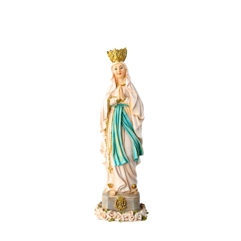 Statue de la Vierge couronnée de Lourdes en couleur avec fleurs 22cm