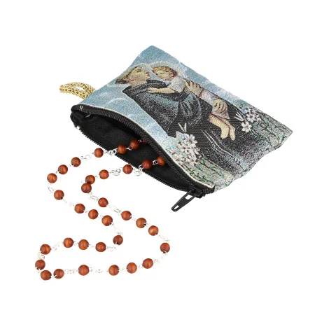 Rosary case in gold-coloured thread, 10x7 cm, decorated with Saint Anthony