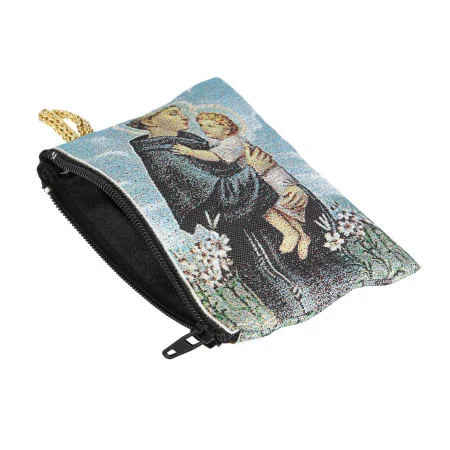 Rosary case in gold-coloured thread, 10x7 cm, decorated with Saint Anthony