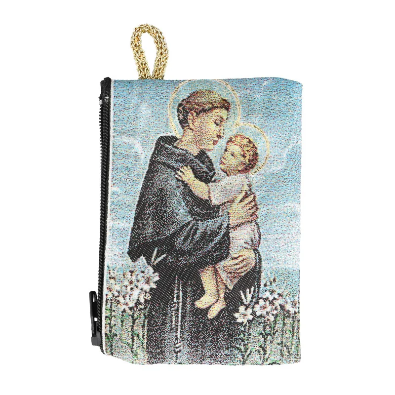 Rosary case in gold-coloured thread, 10x7 cm, decorated with Saint Anthony