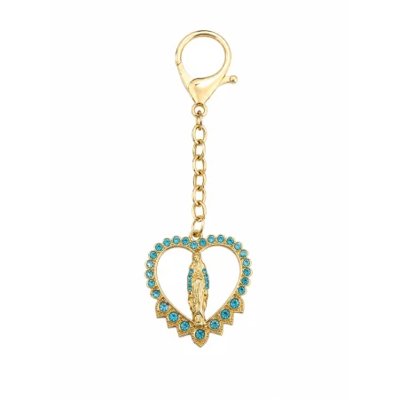 Porte clé Notre Dame de Lourdes en forme de coeur et strass bleu