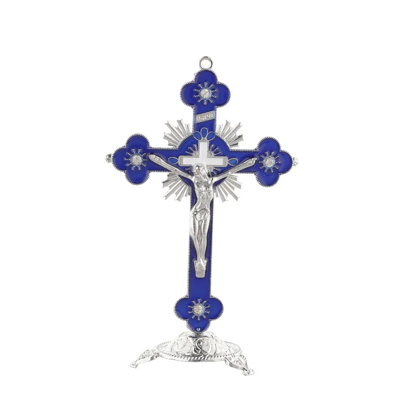 Crucifix sur pied bleu et argent de 13cm en métal