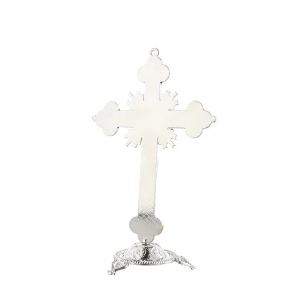 Crucifix sur pied bleu et argent de 13cm en métal
