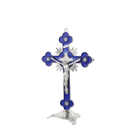 Crucifix sur pied bleu et argent de 13cm en métal
