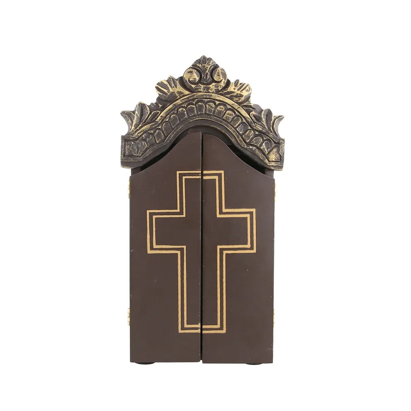 Niche murale religieuse en bois avec portes et anges 21cm