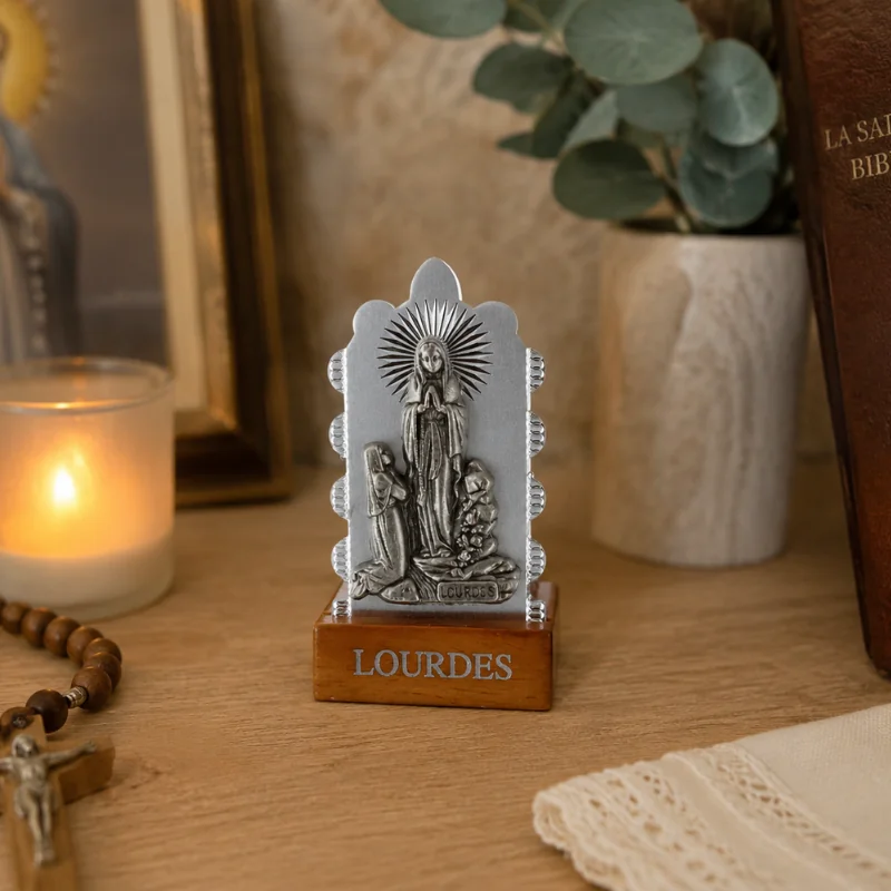 Quadro religioso tagliato Apparizione di Lourdes argentata 3,5 x 7 cm