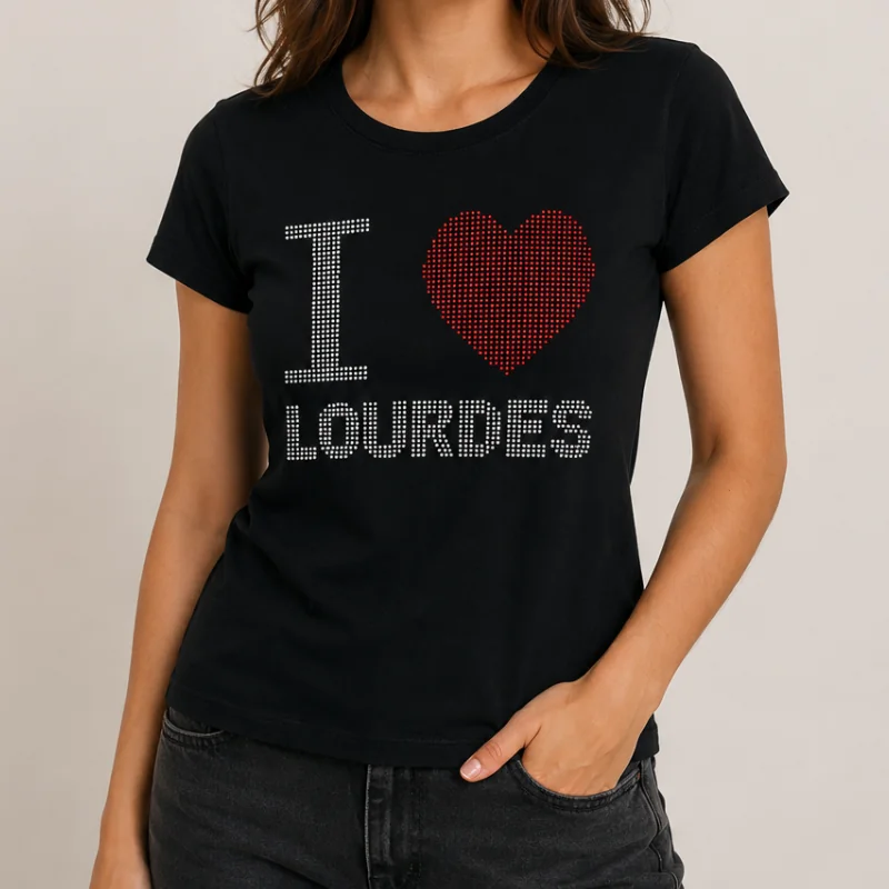 Maglietta nera “I Love Lourdes” con strass