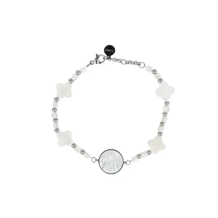Bracelet nacre et acier avec croix et médaille de la Vierge
