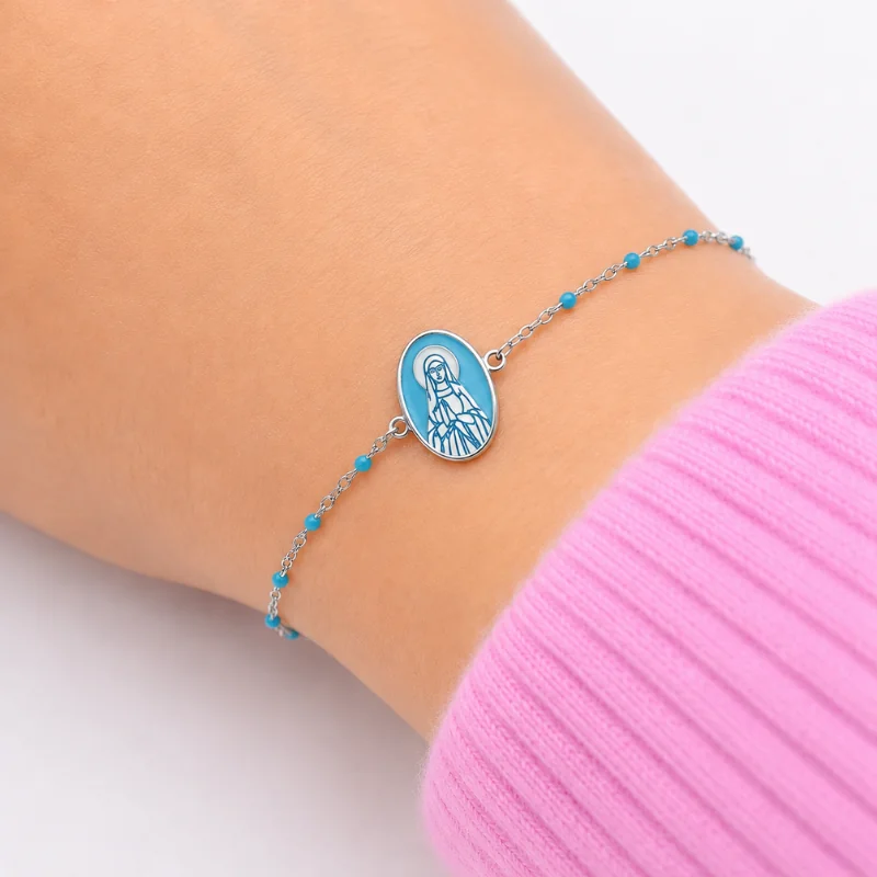 Steel bracelet with a Miraculous Medal and blue beads