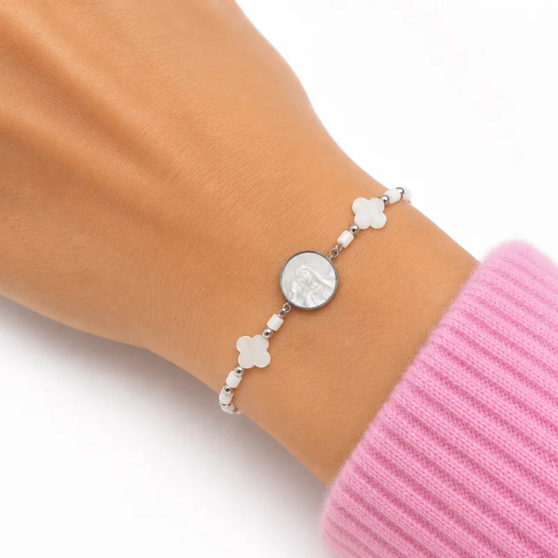 Mother-of-pearl and steel bracelet with a cross and a medal of the Virgin Mary