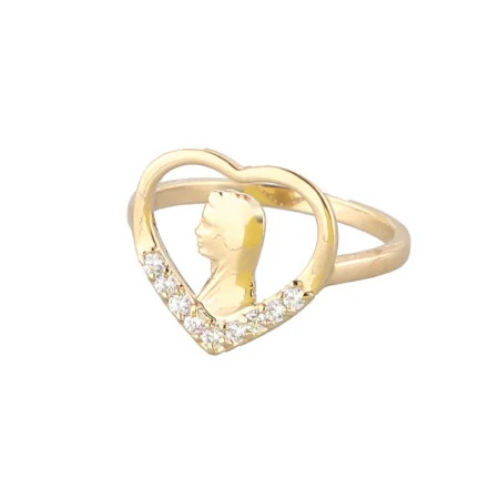 Openwork Gold-Plated Ring with Profile of the Virgin Mary and Rhinestones