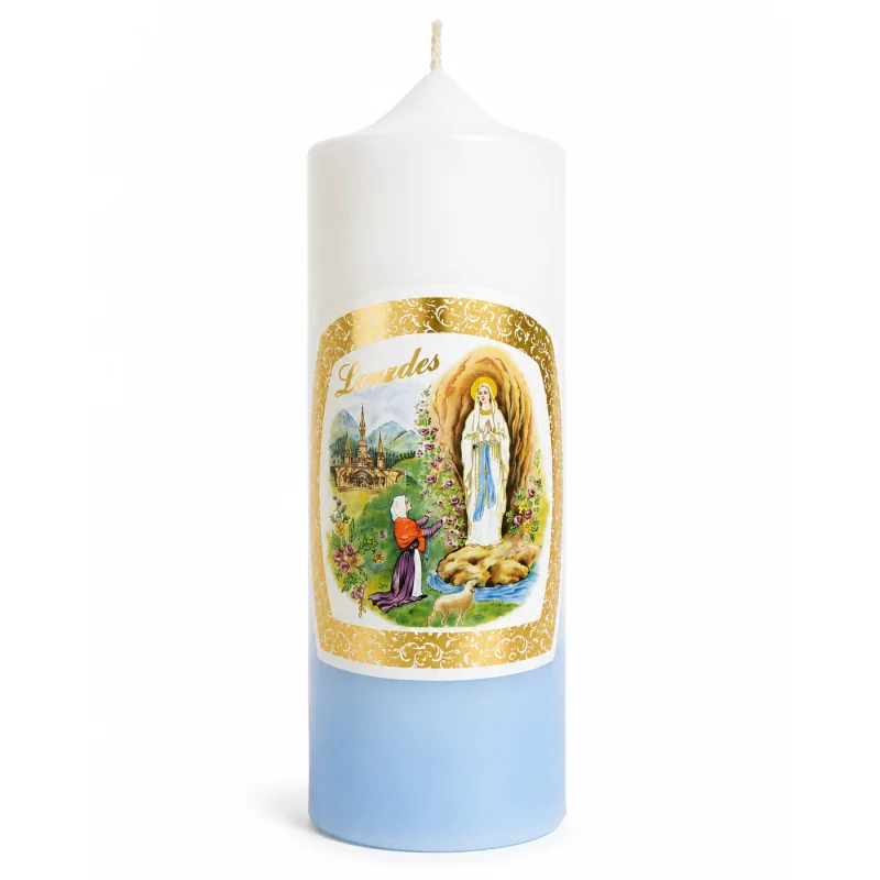 Candela bianca e blu Apparizione di Lourdes 6x15cm