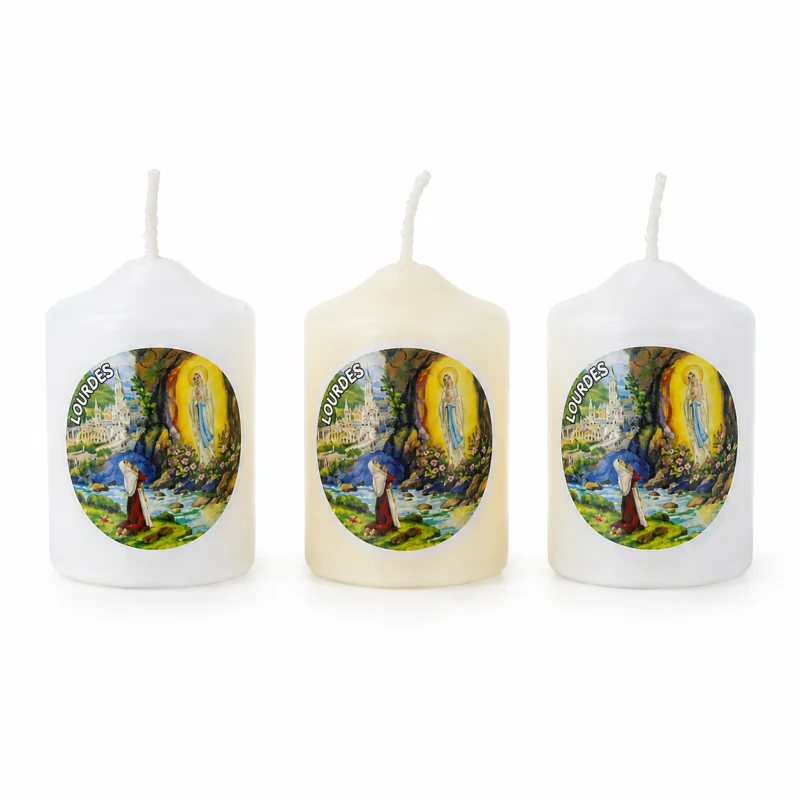 Lot de 3 bougies religieuses cylindriques Apparition de Lourdes 6 cm