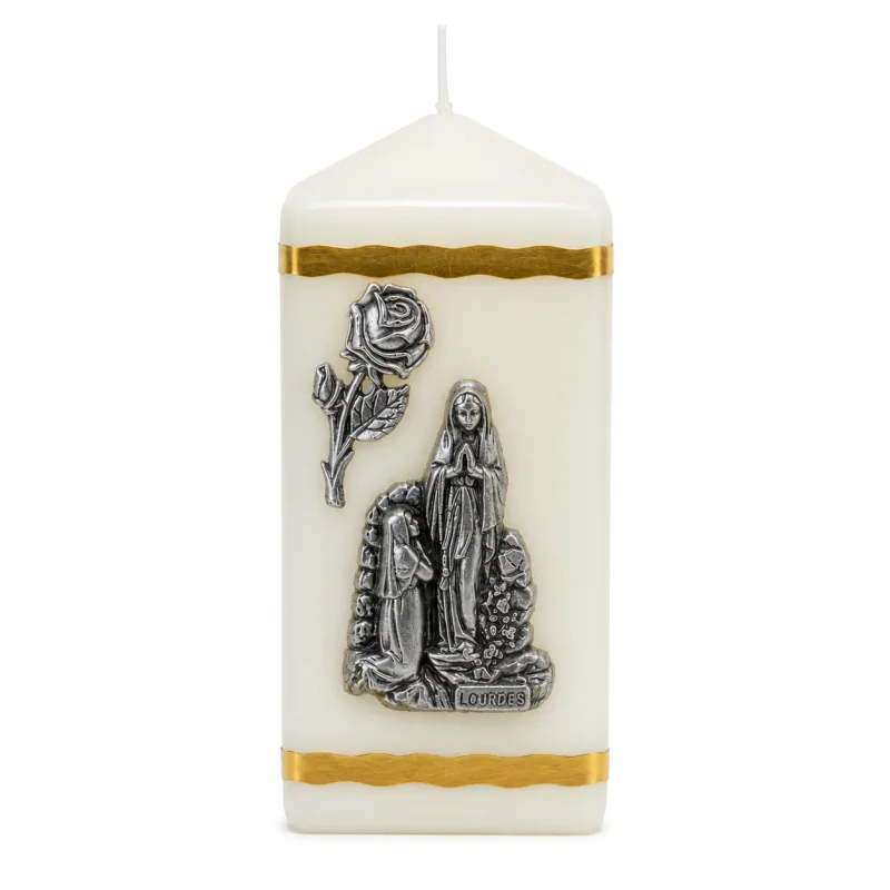 Candela religiosa quadrata Apparizione di Lourdes argentata 6 cm