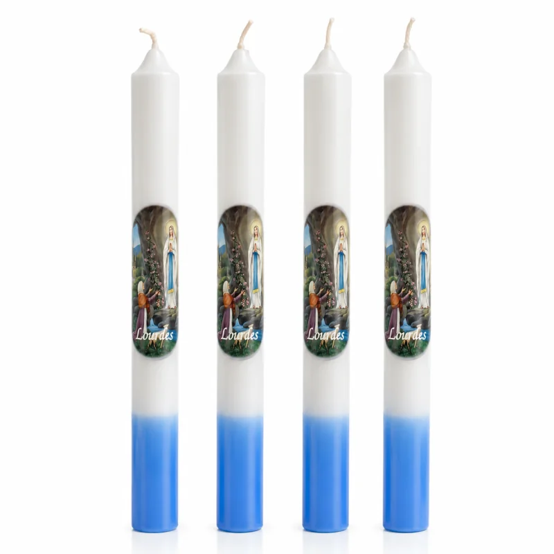 Set di 4 candele bianche e blu dell'Apparizione di Lourdes 2x19cm