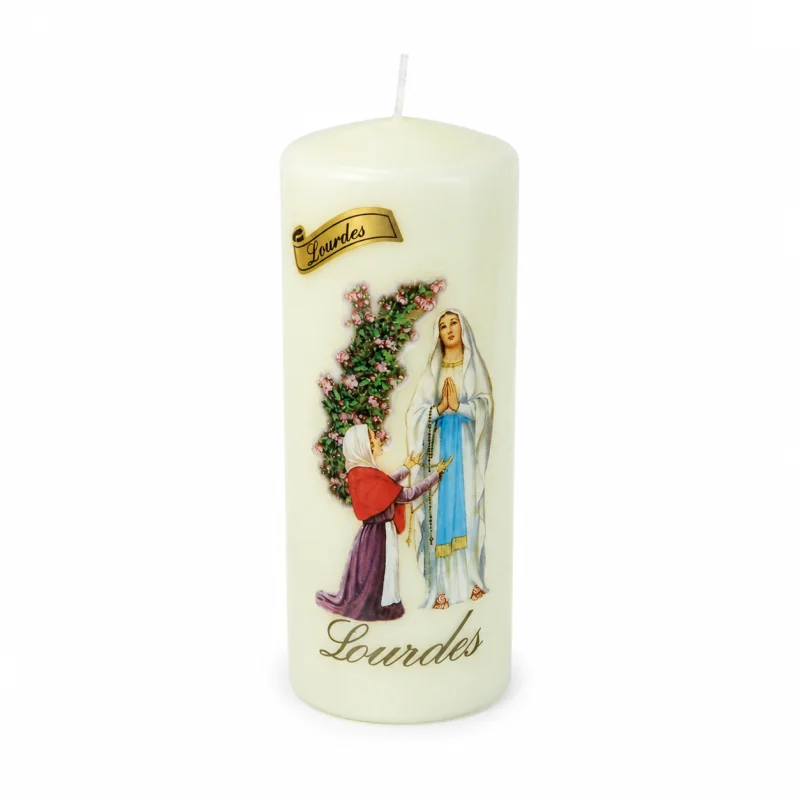 Lourdes Apparition and rose bush round religious candle 15 cm