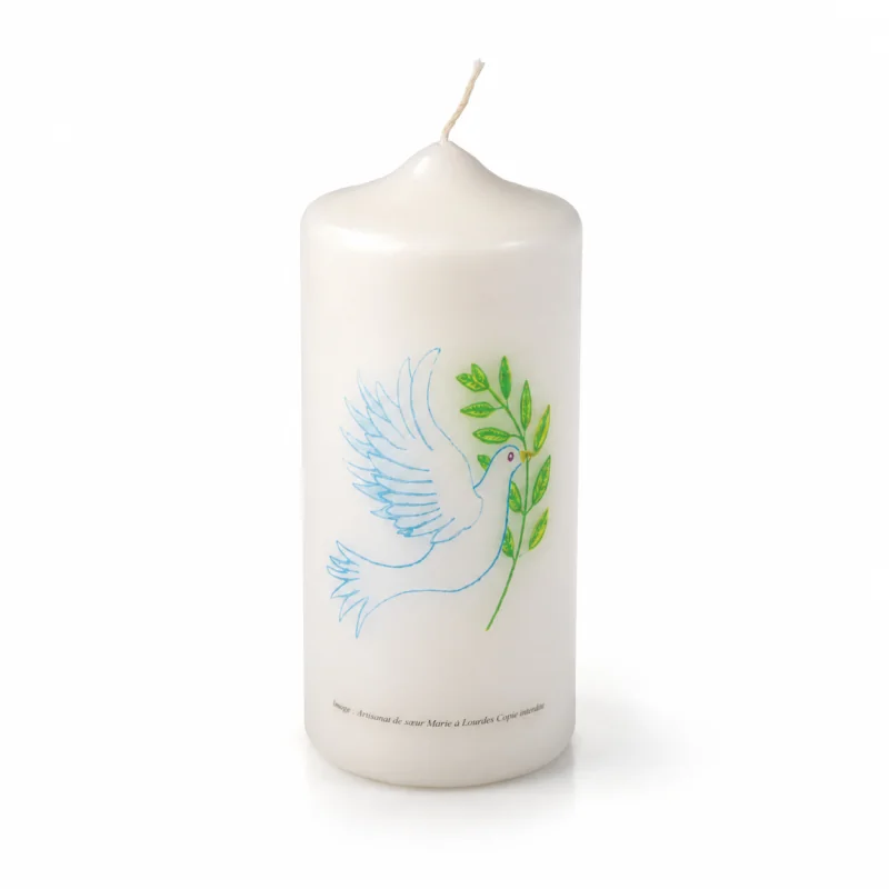 Candela bianca con citazioni e decorazioni religiose 15x6cm