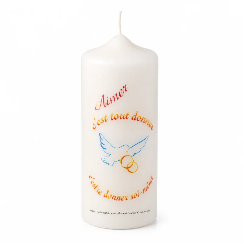 Candela bianca con citazioni e decorazioni religiose 15x6cm