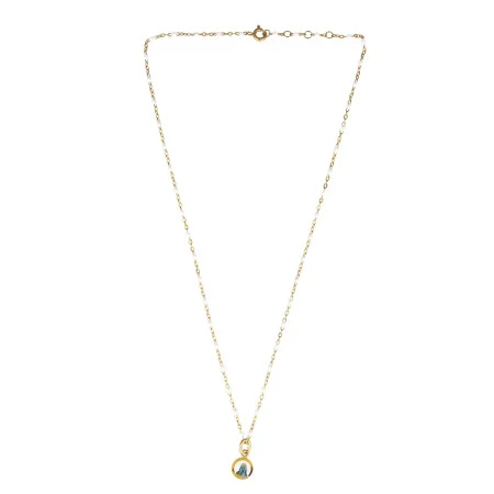 Collier acier doré perles blanches médaille Notre-Dame de Lourdes