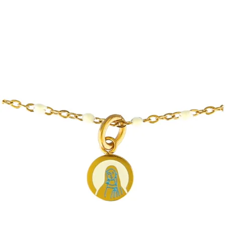 Collier acier doré perles blanches médaille Notre-Dame de Lourdes