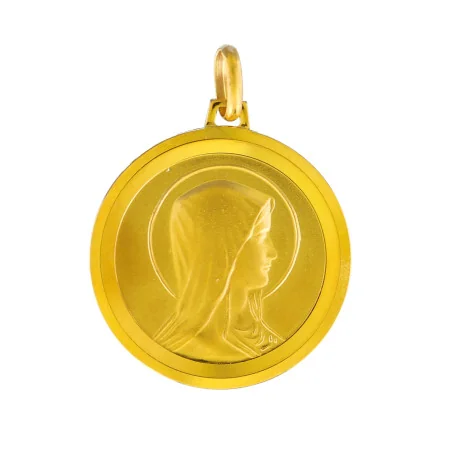 Round-shaped gold-plated medal, Our Lady Portrait and Lourdes Apparition
