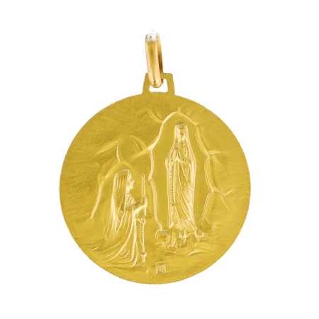 Round-shaped gold-plated medal, Our Lady Portrait and Lourdes Apparition