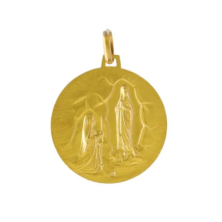 Round-shaped gold-plated medal, Our Lady Portrait and Lourdes Apparition