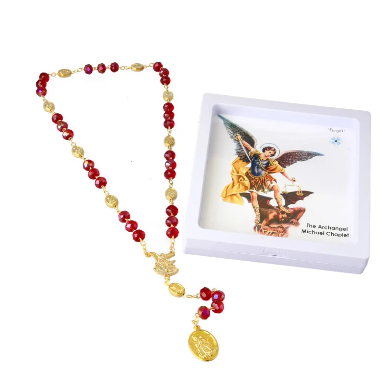 Chapelet de Saint Michel doré et perles rouges avec prière