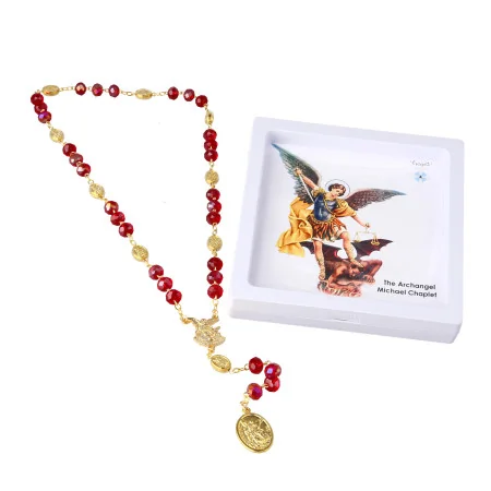 Chapelet de Saint Michel doré et perles rouges avec prière