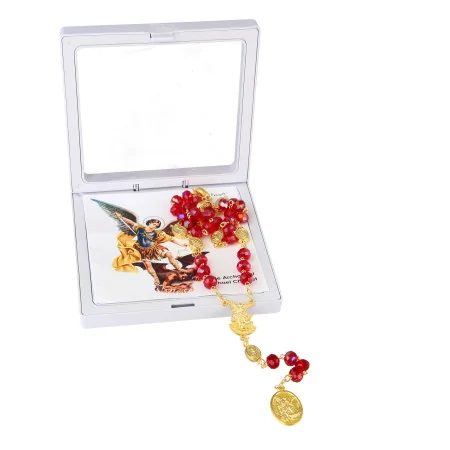 Chapelet de Saint Michel doré et perles rouges avec prière