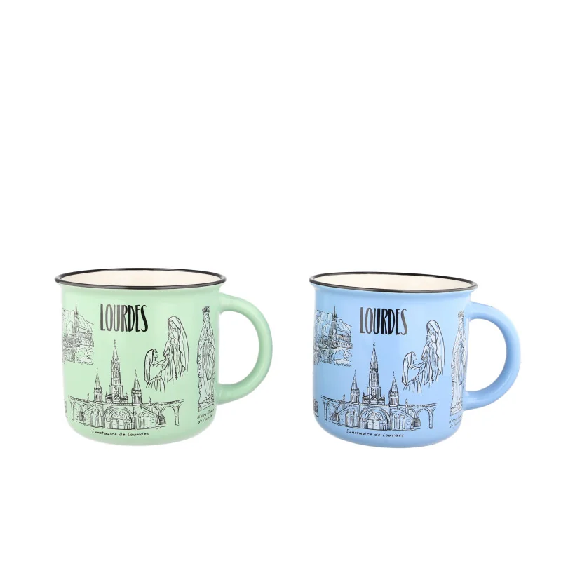 Blue ceramic mug decorated with views of Lourdes
