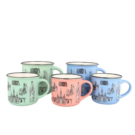 Blue ceramic mug decorated with views of Lourdes