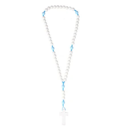 Chapelet en bois blanc sur corde bleu et paters bleus