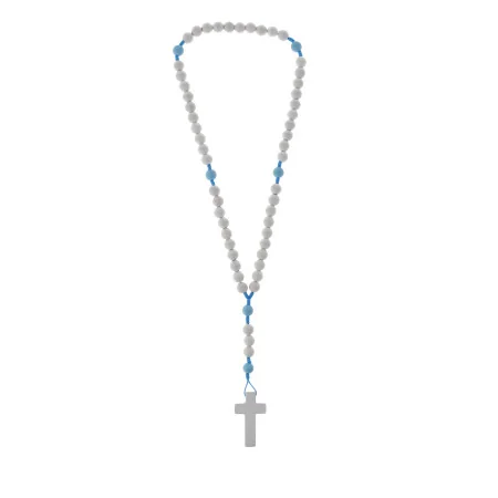 Rosario in legno bianco su cordino blu con grani blu