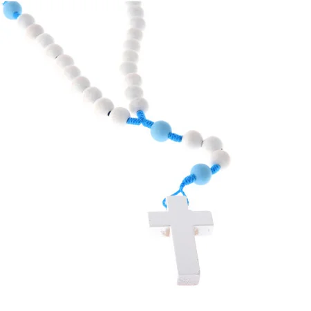 Chapelet en bois blanc sur corde bleu et paters bleus