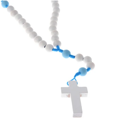 Rosario in legno bianco su cordino blu con grani blu